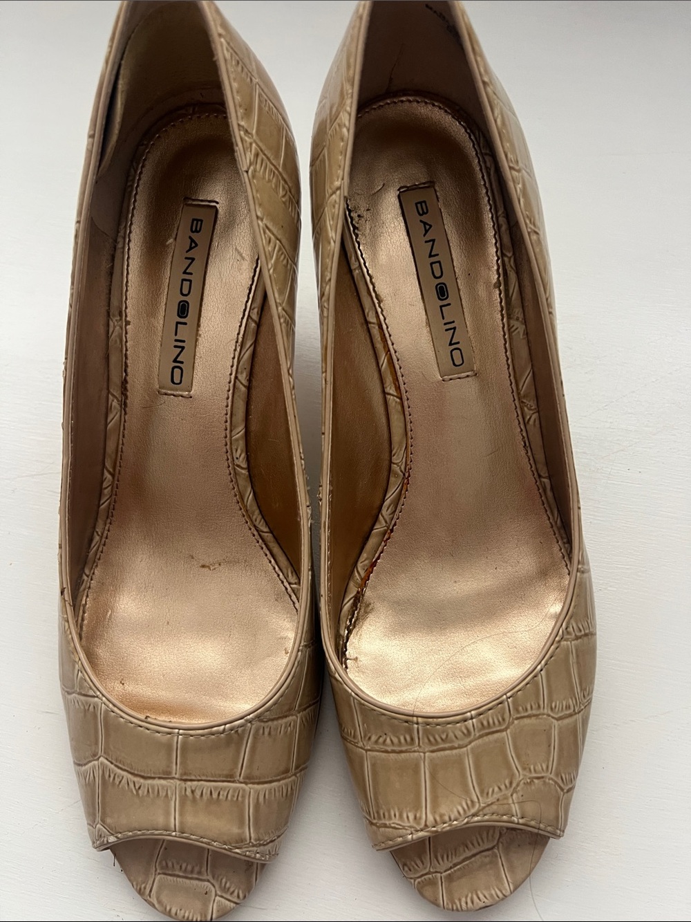 Bandolino Taupe Croc-Embossed Peep-Toe Heels